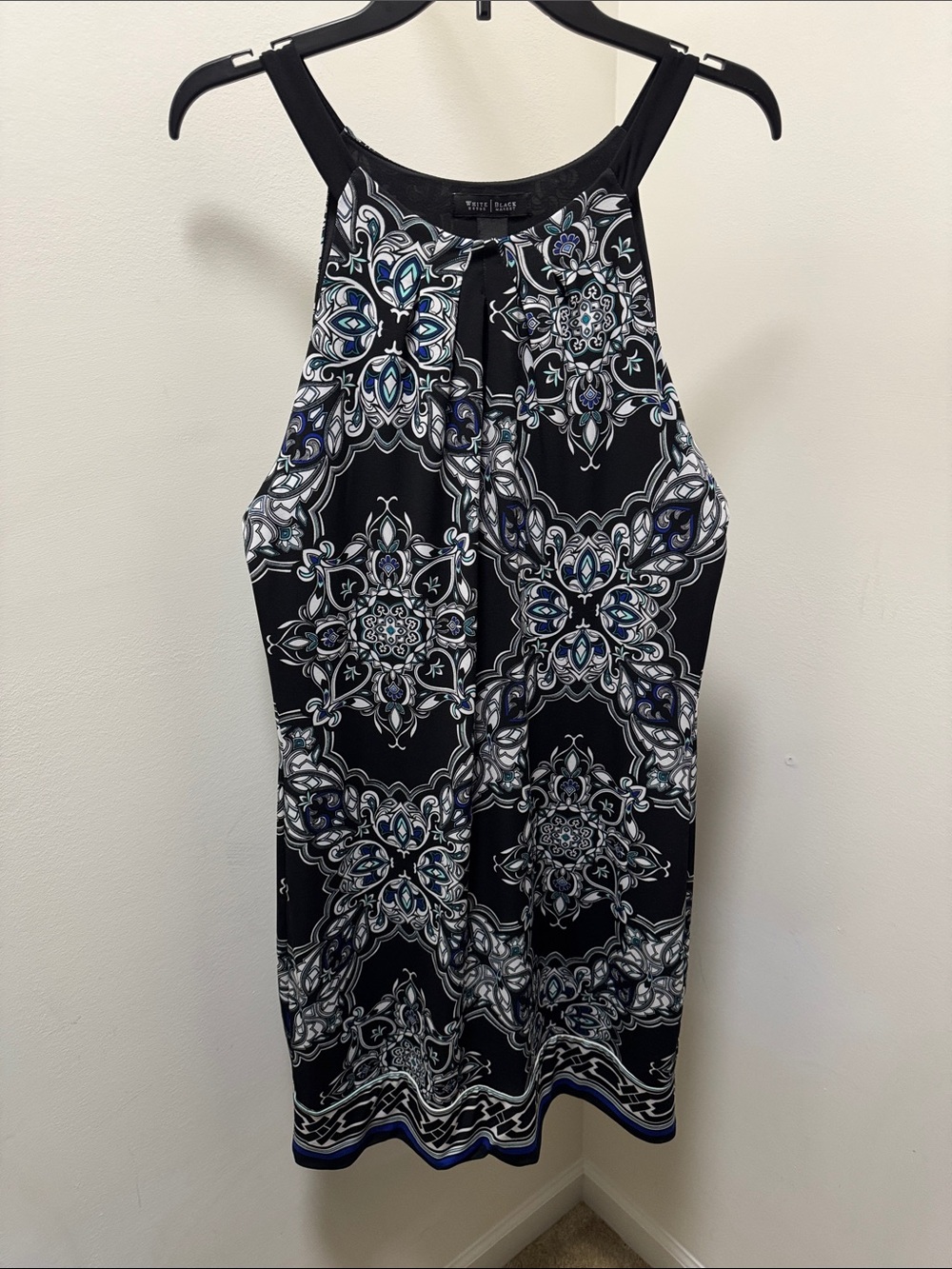 White House Black Market Black, Blue & White Medallion Halter Dress